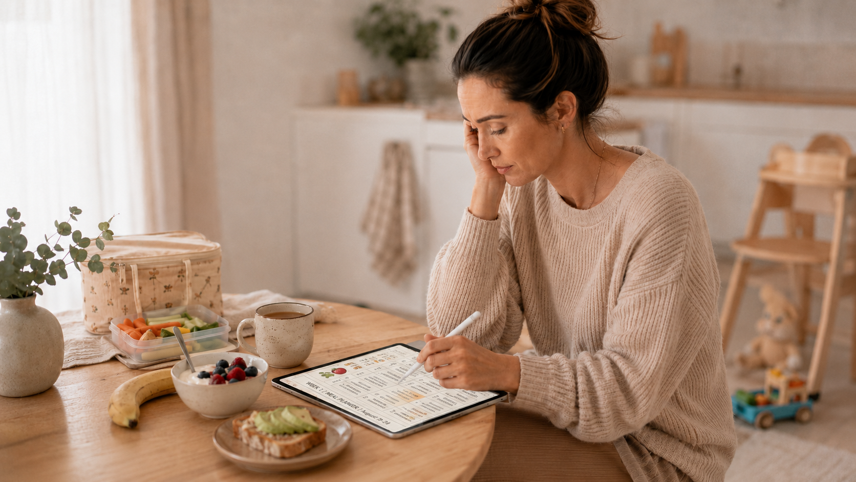 Busy mom taking a quiet moment to plan meals and care for herself with a digital planner